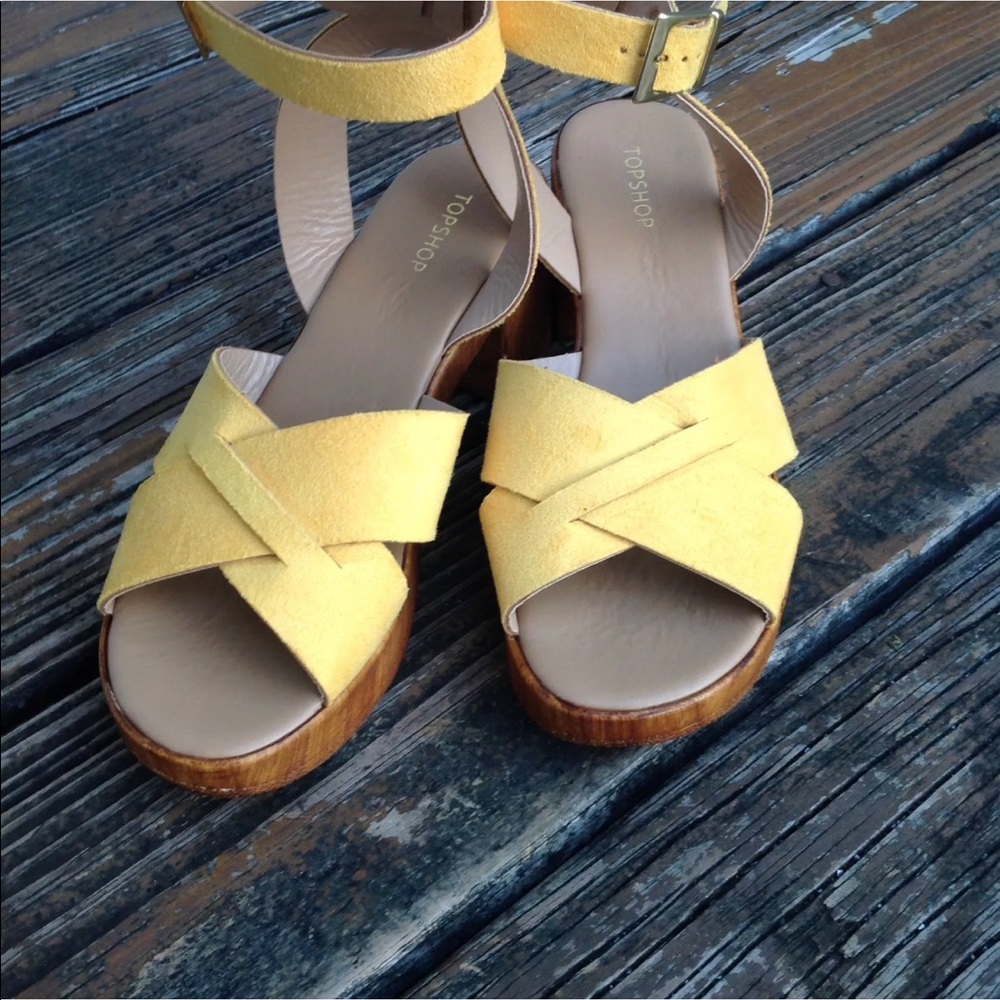 Topshop Top Shop Yellow Suede Dolly Wedge Platform Sandals Sz 9.5 EU 40 Heels